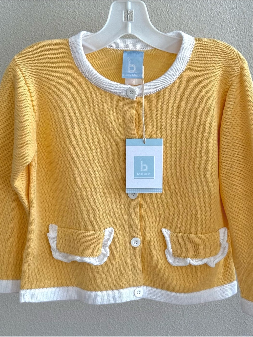bella bliss Yellow Cardigan with White Trim and Ruffle Pockets